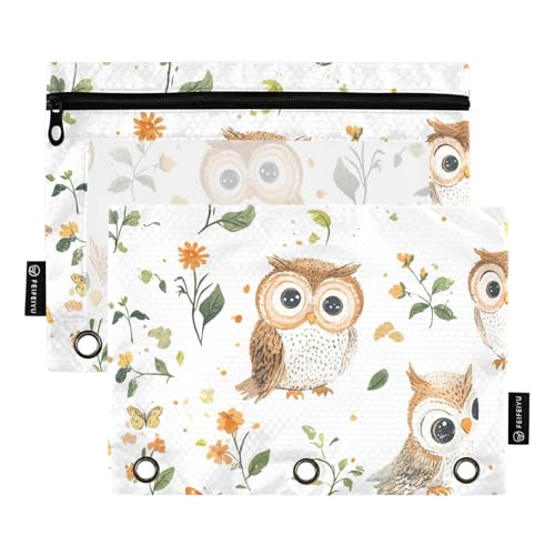 Foiosoh 2 pack Land Szene Süße Eule Weiß 3 Ringe Bleistift Tasche Tragbare Glatte Reißverschluss Binder bleistift tüten für Büro Veranstalter von Foiosoh