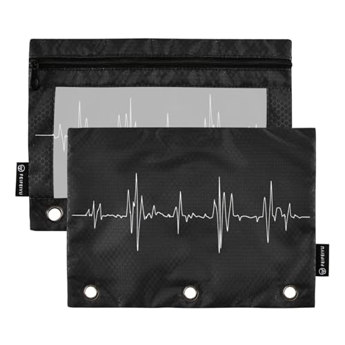 Foiosoh 2 weiße Elektrokardiogramm-Federmäppchen mit 3 Ringen, tragbar, transparent, mit Reißverschluss, für Schule, Schreibutensilien, Aufbewahrungszubehör von Foiosoh