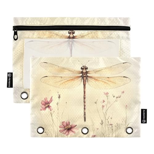 Foiosoh 2 x Schmetterling Federmäppchen Leicht Transparent mit Reißverschluss 3 Ringe für Schule Schreibutensilien, Süße Libelle braun, One size, Modern / anpassbar von Foiosoh