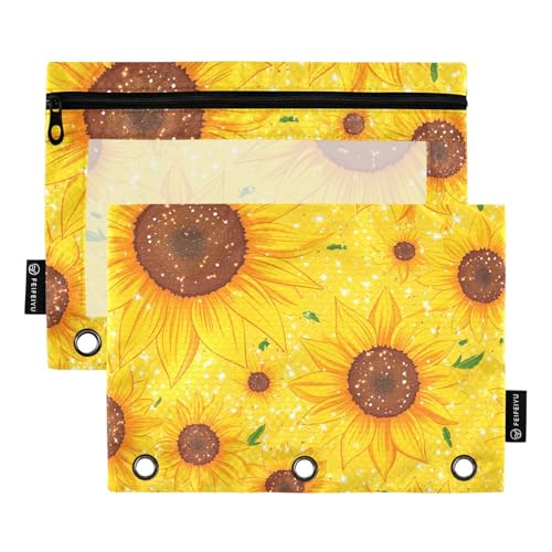 Foiosoh 2er-Pack Sonnenblumen gelb Bleistift Taschen 3 Ringe Palm multifunktionale Reißverschluss Stiftetaschen für Büro Veranstalter von Foiosoh