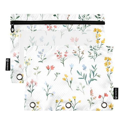 Foiosoh 2er-Pack schicke gelbe Blüten weiße Bleistifttaschen 3 Ringe multifunktionale Ordnertaschen mit Reißverschluss für die Lagerung von Schulbedarf von Foiosoh