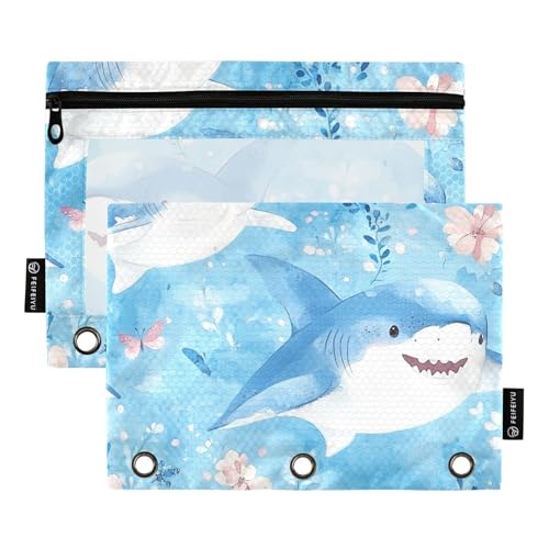 Foiosoh 2er Pack süße blaue Fische 3 Ringe Stifttaschen leichte transparente Stifttaschen mit Reißverschluss für Schule Schreibgeräte Lagerung Zubehör von Foiosoh