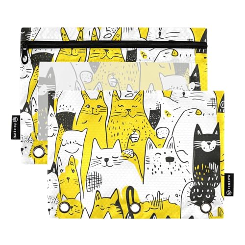 Foiosoh 2er-Pack süße siamesecats gelbe Stifttaschen 3 Ringe Verband multifunktionale glatte Reißverschluss Pünktchen für Schule Büro College Material von Foiosoh