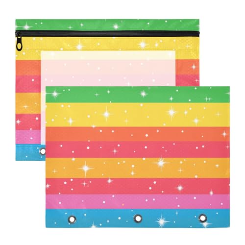 Foiosoh Binder-Federmäppchen, 3 Löcher, 3 Ringe, Tasche für A4-Papier, Briefe, 2 Stück, Lehrer Zuhause, schöne bunte Streifen von Foiosoh