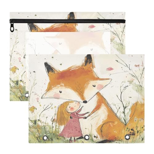 Foiosoh Binder-Federmäppchen, transparentes Fenster, 3 Locher für 3 Ringe, 2 Stück, Lehrerklasse, süßer Fuchs und perfektes kleines Mädchen von Foiosoh