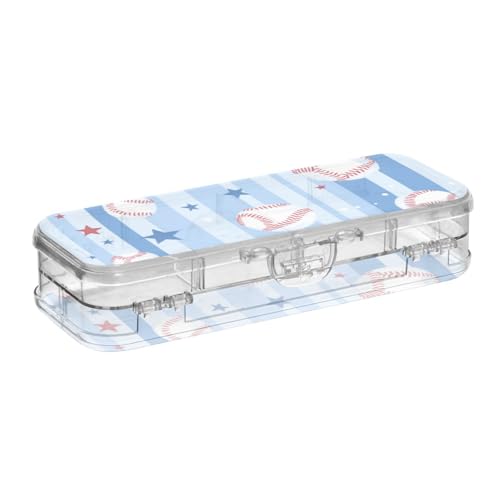 Foiosoh Blaue und weiße Baseball-Stiftebox aus Kunststoff, transparent, doppelstöckig, harte Stifteetuis für Schreibwaren, mit Schnappverschluss und Deckel von Foiosoh