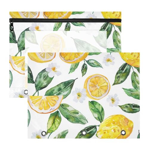 Foiosoh Federmäppchen, Mehrzwecktasche mit 3 Löchern, für A4-Papier, Briefe, 2 Stück, Studenten, Schulbedarf, Aquarell, Zitrone und Blume, Weiß von Foiosoh