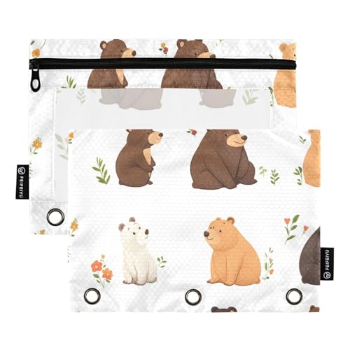 Foiosoh Federmäppchen, Panda-Design, schwarz und weiß, 3 Ringe, großes Fassungsvermögen, mit Reißverschluss-Griffen für Büro-Organizer, 2 Stück, Brauner Bär und weiße Pflanze, 1 size, Modisch / von Foiosoh