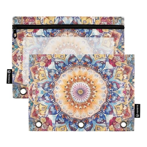 Foiosoh Federmäppchen im Mandala-Stil, Blumen-Design, 3 Ringe, große Kapazität, Federmäppchen mit transparentem Fenster für Schule, Schreibutensilien, Aufbewahrungszubehör, 2 Stück von Foiosoh