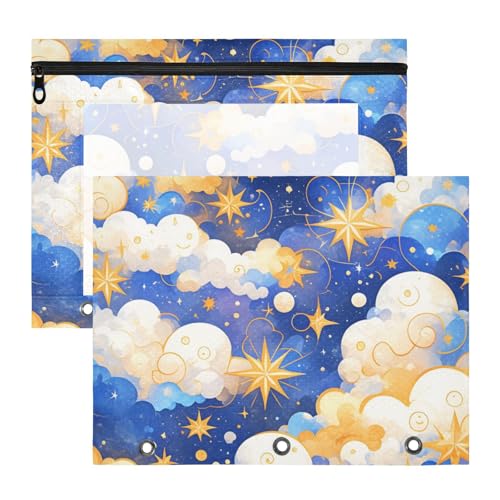 Foiosoh Federmäppchen mit 3 Löchern, Aufbewahrungstasche für A4-Papier, Briefe, 2 Stück, für Schüler, Schulanfang, Blau und Gold, Nachthimmel von Foiosoh