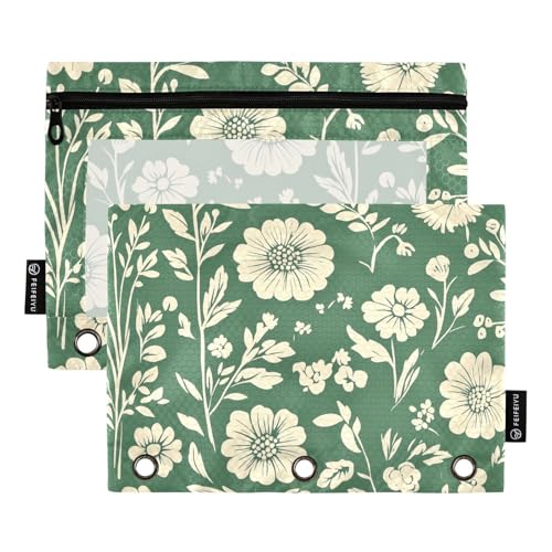 Foiosoh Federmäppchen mit 3 Ringen, Blumen- und Salbeigrün, großes Fassungsvermögen, mit Reißverschluss, für Schule, Schreibutensilien, Aufbewahrungszubehör, 2 Stück von Foiosoh