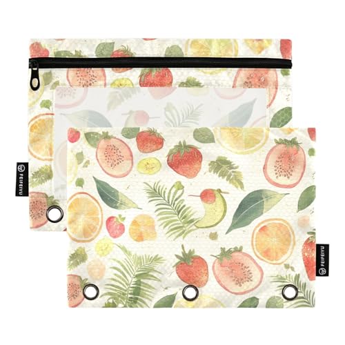 Foiosoh Federmäppchen mit 3 Ringen, Erdbeeren und Zitronen, leicht, mit glattem Reißverschluss, für Schule, Schreibutensilien, Aufbewahrungszubehör, 2 Stück von Foiosoh