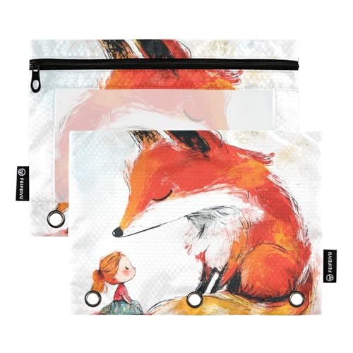 Foiosoh Federmäppchen mit 3 Ringen, Motiv: "Chubby Fox and Perfect Little Girl", leicht, mit Reißverschluss, für Büro-Organizer, 2 Stück von Foiosoh
