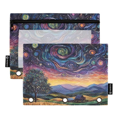 Foiosoh Federmäppchen mit 3 Ringen, Motiv: Night Sky Countryside, multifunktionales Federmäppchen mit glattem Reißverschluss, für Büro-Organizer, 2 Stück von Foiosoh