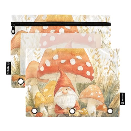 Foiosoh Federmäppchen mit 3 Ringen, Motiv: Zwerg und rote Pilze, tragbar, mit Reißverschluss, für Schule, Schreibutensilien, Aufbewahrungszubehör, 2 Stück von Foiosoh