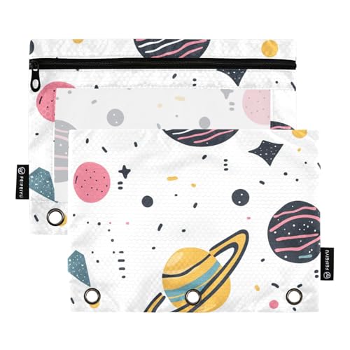 Foiosoh Federmäppchen mit 3 Ringen, Motiv: äußere Planeten und Alphabet, große Kapazität, Bindertaschen mit Reißverschluss, für Büro-Organizer, 2 Stück von Foiosoh