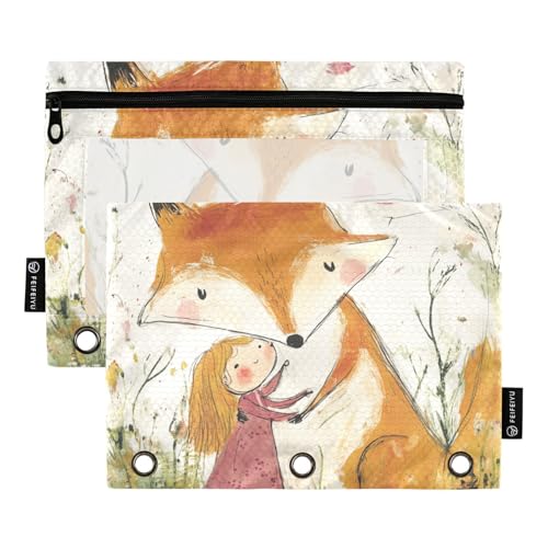 Foiosoh Federmäppchen mit 3 Ringen und süßem Fuchs und perfektem kleinen Mädchen, große Binder-Federmäppchen mit Reißverschlüssen, für Büro-Organizer, 2 Stück von Foiosoh