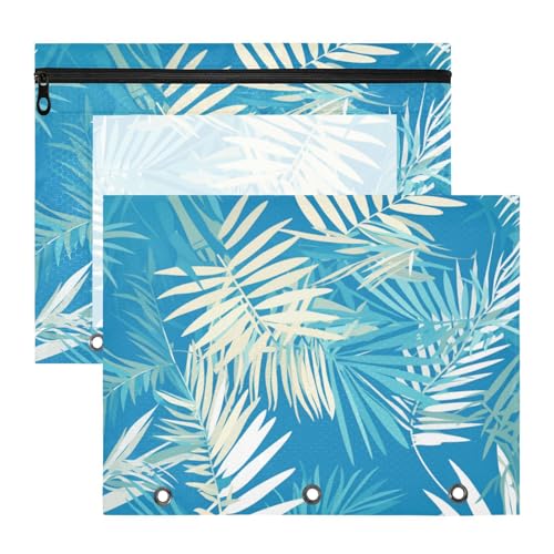 Foiosoh Federmäppchen mit 3 verstärkten Ösen, 3 Ringen, Tasche für A4-Papier, Briefe, 2 Stück, Studenten, Schulbedarf, Palmblätter, tropische Palmenblätter von Foiosoh