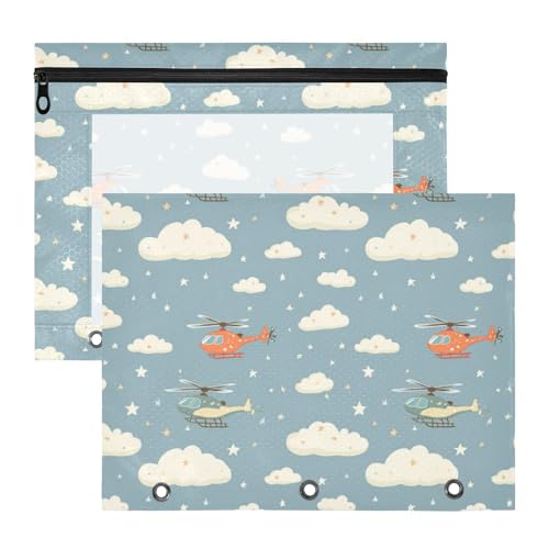Foiosoh Federmäppchen mit 3 verstärkten Ösen, Taschenordner für A4-Papier, Briefe, 2 Stück, Lehrer, Schulbedarf, Hubschrauber und Sterne, Wolke, Silber von Foiosoh