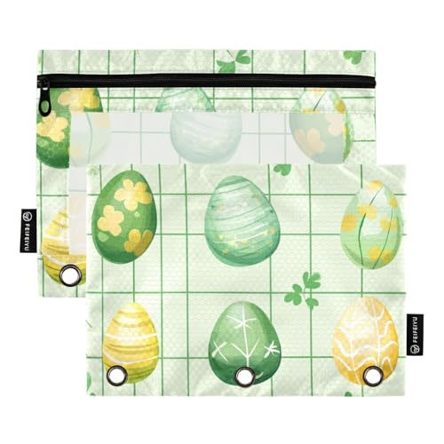 Foiosoh Federmäppchen mit Blättern, Aquarell-Eier, Grün, für 3 Ringe, leichtes Binder-Federmäppchen mit Reißverschlüssen, für Büro-Organizer, 2 Stück von Foiosoh