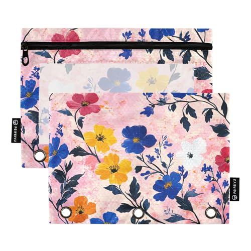 Foiosoh Federmäppchen mit Blumenmotiv, Hyazinthen, Pfingstrosen, Pfirsichfarben, 3 Ringe, leichte Bindertaschen mit Reißverschluss, für Büro-Organizer, 2 Stück von Foiosoh