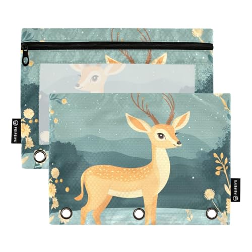 Foiosoh Federmäppchen mit Cartoon-Antilopen- und Flussmotiv, für 3 Ringe, leichte Bindertaschen mit Reißverschluss, für Schule, Schreibutensilien, Aufbewahrungszubehör, 2 Stück von Foiosoh