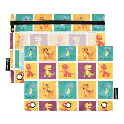 Foiosoh Federmäppchen mit Cartoon-Dino-Karo-Muster, große transparente Oberseite, für Schule, Schreibutensilien, Aufbewahrungszubehör, 2 Stück von Foiosoh