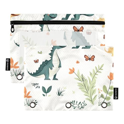 Foiosoh Federmäppchen mit Cartoon-Dinosaurier- und Pflanzenmotiv, 3 Ringe, große Federmäppchen mit transparentem Fenster, für Schule, Büro, Uni, 2 Stück von Foiosoh