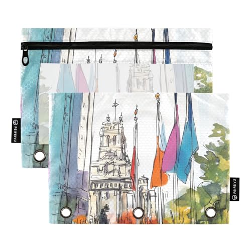 Foiosoh Federmäppchen mit Flaggen und Gedenkstätten, 3 Ringe, leicht, transparent, mit Reißverschluss, für Büro-Organizer, 2 Stück von Foiosoh