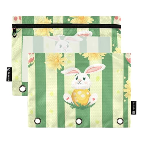 Foiosoh Federmäppchen mit Hasenohren, Gänseblümchen, 3 Ringe, tragbar, transparent, mit Reißverschluss, für Büro-Organizer, 2 Stück von Foiosoh