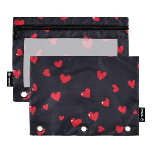 Foiosoh Federmäppchen mit Herzmotiv, für 3 Ringe, großes Fassungsvermögen, mit Reißverschluss und transparentem Fenster, für Büro-Organizer, 2 Stück von Foiosoh