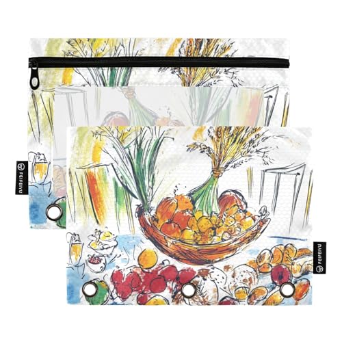 Foiosoh Federmäppchen mit Obst- und Gemüsemuster, 3 Ringe, großes Federmäppchen mit Reißverschluss und transparentem Fenster, für Büro-Organizer, 2 Stück von Foiosoh