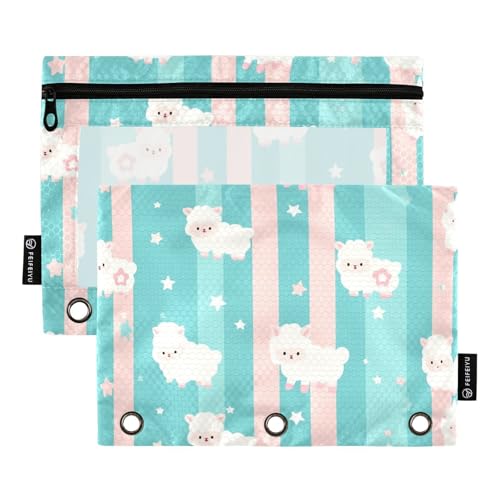 Foiosoh Federmäppchen mit Schaf- und Streifenmuster, 3 Ringe, großes Fassungsvermögen, transparente Oberseite, für Schule, Schreibutensilien, Aufbewahrungszubehör, 2 Stück von Foiosoh