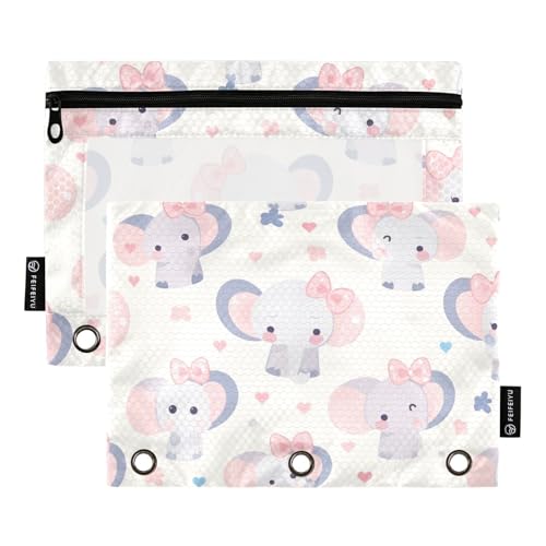 Foiosoh Federmäppchen mit Schleife, kleiner Elefant, Beige, 3 Ringe, tragbare Binder-Federmäppchen mit Reißverschluss und transparentem Fenster für Büro-Organizer, 2 Stück von Foiosoh