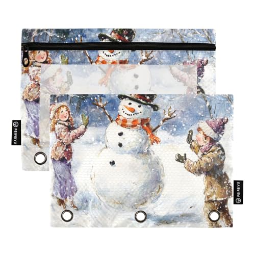 Foiosoh Federmäppchen mit Schneemann-Motiv, für 3 Ringe, tragbar, mit Reißverschluss und transparentem Fenster, für Büro-Organizer, 2 Stück von Foiosoh