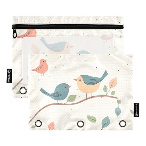 Foiosoh Federmäppchen mit Zweig- und Vogelfamilie, 3 Ringe, großes Fassungsvermögen, transparente Oberseite, für Büro-Organizer, 2 Stück von Foiosoh