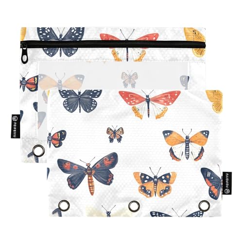 Foiosoh Federmäppchen mit lustigem Schmetterlingsmuster, 3 Ringe, großes transparentes Fenster, Federmäppchen mit glattem Reißverschluss, für Büro-Organizer, 2 Stück, Lustiges Schmetterlingsmuster, von Foiosoh