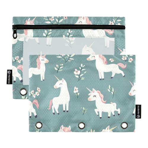 Foiosoh Federmäppchen mit niedlichem Einhörner, Salbeiblau, für 3 Ringe, multifunktionales Federmäppchen mit Reißverschluss, für Büro-Organizer, 2 Stück von Foiosoh