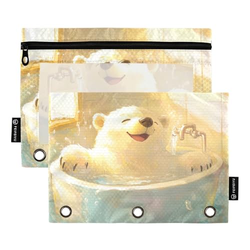 Foiosoh Federmäppchen mit niedlichem Eisbär-Design, Retro-Badewanne, 3 Ringe, großes Federmäppchen mit glattem Reißverschluss, für Büro-Organizer, 2 Stück von Foiosoh