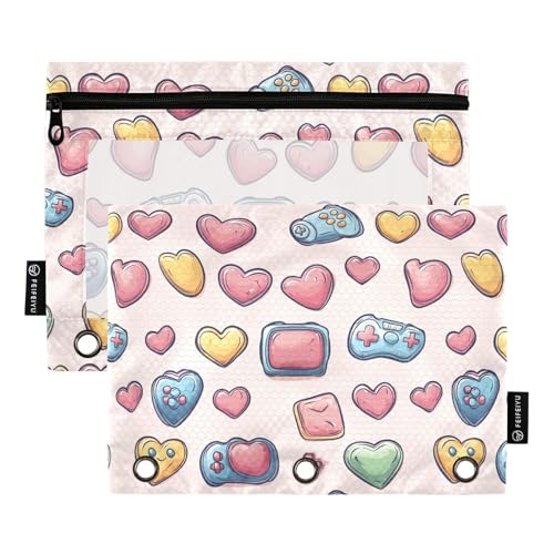 Foiosoh Federmäppchen mit niedlichem Herzmuster, Beige, 3 Ringe, tragbar, mit Reißverschluss, für Schule, Schreibutensilien, Aufbewahrungszubehör, 2 Stück von Foiosoh