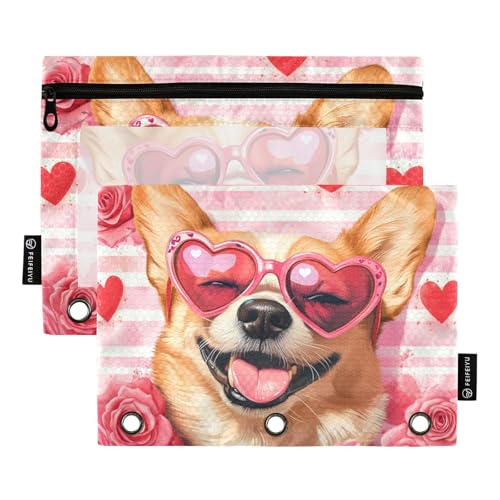 Foiosoh Federmäppchen mit niedlichem Hund, Pfirsichrose, 3 Ringe, großes Fassungsvermögen, mit glattem Reißverschluss, für Schule, Schreibutensilien, Aufbewahrungszubehör, 2 Stück von Foiosoh