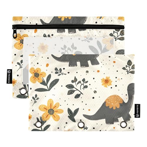 Foiosoh Federmäppchen mit niedlichen Dinosauriern und Pflanzen, 3 Ringe, groß, glatt, Reißverschluss, für Büro-Organizer, 2 Stück von Foiosoh