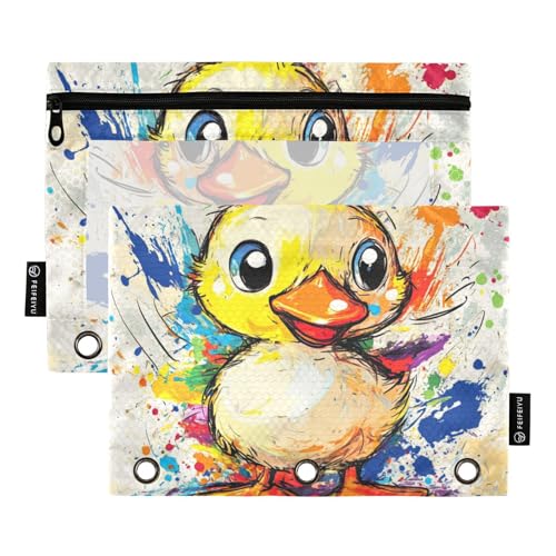 Foiosoh Federmäppchen mit süßem Entenhintergrund, 3 Ringe, multifunktional, glatter Reißverschluss, für Schule, Schreibutensilien, Aufbewahrungszubehör, 2 Stück von Foiosoh