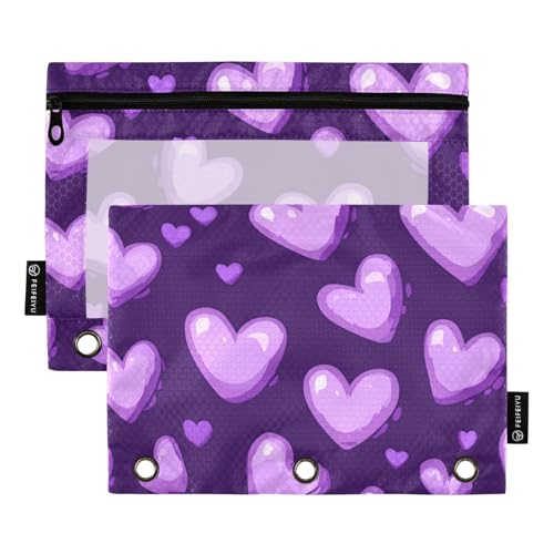 Foiosoh Federmäppchen mit violettem Herzmuster, 3 Ringe, großes Fassungsvermögen, glatter Reißverschluss, für Schule, Schreibutensilien, Aufbewahrungszubehör, 2 Stück von Foiosoh