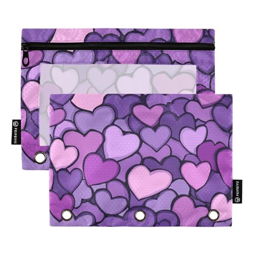 Foiosoh Federmäppchen mit violettem Herzmuster, einfaches Federmäppchen mit 3 Ringen, leichtes Federmäppchen mit transparentem Fenster, für Büro-Organizer, 2 Stück von Foiosoh