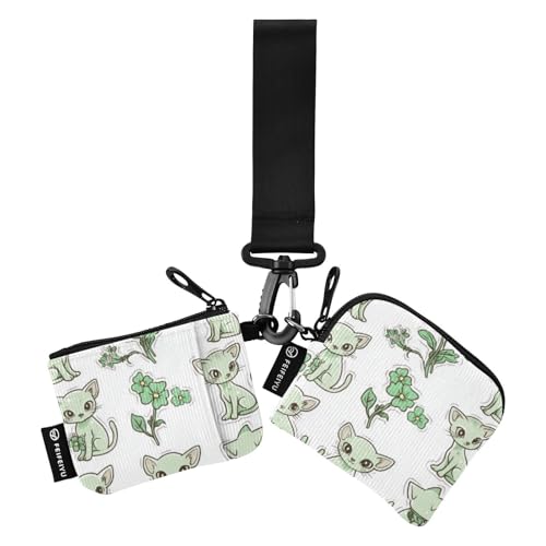 Foiosoh Grüne Katze und Pflanze Damen Dual Wallets Busniess Kartenetuis Kompakte Größe Handgelenktasche Schlüsselhalter mit Schlüsselanhänger für Männer Frauen 2 Packungen, Grüne Katze und Pflanze, 1 von Foiosoh