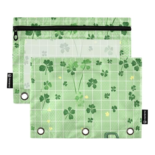 Foiosoh Kleeblatt und Auto, hellgrün, 3 Ringe, Federmäppchen mit glattem Reißverschluss, für Büro-Organizer, 2 Stück von Foiosoh