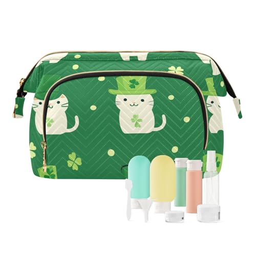 Foiosoh Kleeblatt und Streifen einfache grüne Make-up-Tasche mit Reißverschluss, Reise-Kosmetiktasche, Damen-Kosmetiktasche, Münzgeldbörse für Reisezubehör, Katzen- und Kleeblattgrün, 1 size, Cartoon von Foiosoh