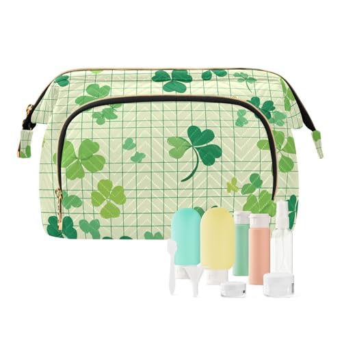 Foiosoh Kleeblatt und Streifen einfache grüne Make-up-Tasche mit Reißverschluss, Reise-Kosmetiktasche, Damen-Kosmetiktasche, Münzgeldbörse für Reisezubehör, Kleeblatt und Karomuster, 1 size, Cartoon von Foiosoh