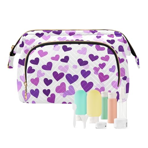 Foiosoh Kulturbeutel mit Herzmuster, tragbar, Reise-Kosmetiktasche, Geldbörse, für Make-up-Pinsel, Violett, Weißes und violettes kleines Herz, 1 size, Cartoon von Foiosoh